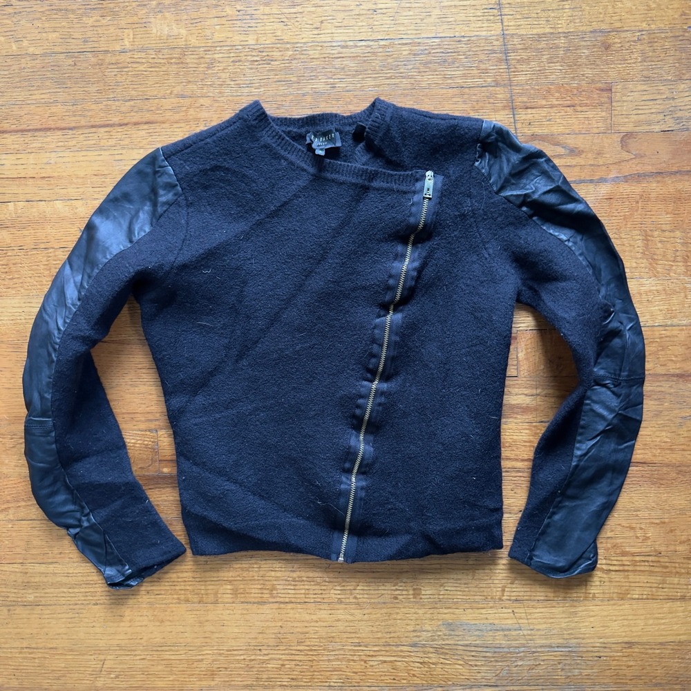 Ted‎ Baker Moto 100% Wool Leather Sleeve Detail Asymmetrical Zip Black Size 4